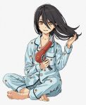  1girl barefoot black_hair blue_pajamas chainsaw_man collarbone commentary english_commentary eyelashes feet film_grain floating_hair full_body grey_background hair_between_eyes hair_dryer hands_up holding long_hair long_sleeves looking_at_viewer nayuta_(chainsaw_man) pajamas parted_lips ringed_eyes shiren_(ourboy83) sitting solo toenails toes yellow_eyes 