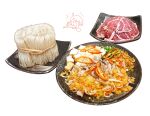  chili_pepper emufaasu food food_focus food_request highres hotpot meat nabe no_humans noodles original plate raw_meat realistic signature simple_background still_life tofu white_background 