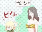  2girls animal_print bikini black_hair blonde_hair blue_eyes bob_cut breasts catchphrase closed_mouth cosplay ebitama_(ebitamamix) empty_eyes frown fur_bikini fusion girls_und_panzer green_jacket horns ikamusume jacket katyusha_(girls_und_panzer) looking_at_another lum lum_(cosplay) medium_breasts medium_hair multiple_girls nonna_(girls_und_panzer) oni_horns open_mouth polka_dot polka_dot_background pravda_military_uniform print_bikini shinryaku!_ikamusume short_hair strapless strapless_bikini swept_bangs swimsuit tentacle_hair tiger_print translated urusei_yatsura voice_actor_connection yellow_bikini 