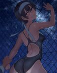  1boy 1girl absurdres ass blush breasts chain-link_fence commentary_request competition_swimsuit covered_nipples fence grin headband highres looking_at_viewer lvi medium_breasts night night_sky one-piece_swimsuit original outdoors short_hair sky smile sparkle swimsuit tan tanlines tomboy white_headband 
