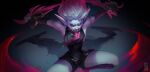  1girl absurdres blood blood_drop blood_on_tongue breasts briar_(league_of_legends) colored_sclera colored_skin detached_sleeves ditahsdoh english_commentary highres incoming_attack league_of_legends long_tongue looking_at_viewer medium_breasts outstretched_arms pointy_ears red_eyes red_sclera shadow sharp_teeth solo teeth tongue tongue_out v-shaped_eyebrows vampire white_hair wrist_cuffs 