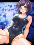  1girl alternate_costume bare_arms black_hair black_one-piece_swimsuit blue_eyes breasts cameltoe closed_mouth collarbone commentary_request competition_swimsuit covered_navel eyelashes highleg looking_at_viewer mimizunooka one-piece_swimsuit pokemon pokemon_(game) pokemon_sm selene_(pokemon) smile solo spread_legs swimsuit 