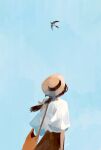  1girl animal bag bird black_skirt braid cowboy_shot day facing_away gii_(hacchipocchi) hair_ribbon highres holding holding_bag medium_hair original outdoors ribbon shirt shoulder_bag skirt sky solo swallow_(bird) white_shirt yellow_ribbon 