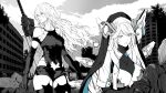  2girls a2_(nier:automata) absurdres android armored_bodysuit bare_shoulders blue_eyes bodysuit braid breasts dress elbow_gloves gloves goddess_of_victory:_nikke greyscale habit highres large_breasts long_hair mole mole_under_mouth monochrome multiple_girls nier:automata nier_(series) nishiii26miii nun rapunzel_(nikke) shorts sword thighhighs very_long_hair weapon white_hair 