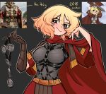  1girl armor asymmetrical_gloves black_background black_eyes blonde_hair bondage_outfit breasts brown_gloves cape centurii-chan centurii-chan_(artist) chainmail closed_mouth commentary english_commentary english_text gloves highres holding holding_weapon long_hair open_mouth original red_cape red_eyes roman_clothes short_hair simple_background smile solo_focus sword weapon 