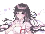  1girl :d apron bandages black_hair blush breasts collared_shirt commentary_request danganronpa_(series) danganronpa_2:_goodbye_despair hand_up highres large_breasts long_hair looking_at_viewer messy_hair mole mole_under_eye open_mouth pink_shirt shirt short_sleeves smile solo striped tears teeth tsumiki_mikan upper_body upper_teeth_only white_background yomu_(dangan_yomu) 