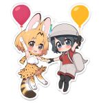  2girls animal_ears balloon black_hair black_pantyhose blue_eyes blush bow bowtie breasts brown_eyes cat_ears cat_girl cat_tail closed_mouth fang hat holding holding_balloon kaban_(kemono_friends) kemono_friends large_breasts looking_at_viewer multiple_girls open_mouth pantyhose ransusan serval_(kemono_friends) short_hair shorts simple_background small_breasts smile tail thighhighs 