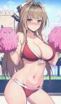  1girl amagi_brilliant_park antenna_hair bikini blue_sky blush bow breasts brown_eyes brown_hair cleavage cloud cowboy_shot day hair_bow hair_intakes haoni high_ponytail highres holding holding_pom_poms humiliation large_breasts long_hair looking_at_viewer navel o-ring o-ring_bikini outdoors parted_lips pom_pom_(cheerleading) ponytail raised_eyebrows revision sento_isuzu sky solo sweat swimsuit translated 