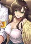  1boy 1girl absurdres alcohol aramachi arm_hug beer blush breasts brown_hair camisole cardigan cleavage collarbone commentary_request cup denim fingernails highres himekawa_yuki holding holding_cup idolmaster idolmaster_cinderella_girls large_breasts looking_at_viewer nail_polish selfie shirt sidelocks smile solo_focus white_camisole white_shirt yellow_cardigan 