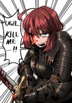  absurdres armor black_armor bleeding blood blood_on_weapon blue_eyes breastplate english_commentary english_text gauntlets greaves highres holding holding_sword holding_weapon injury knight ku_koro missing_eye original red_hair scar scar_across_eye scowl shoulder_armor sword weapon 