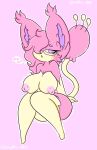  anthro big_breasts blush breasts english_text eyewear female generation_3_pokemon glasses hair hi_res lewdchuu_(artist) nintendo nipples one_eye_obstructed pink_background pink_body pink_hair pink_nipples pokemon pokemon_(species) purple_eyes simple_background sitting skitty solo tail text yellow_body 