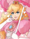  1girl artist_name blonde_hair blue_brooch blue_eyes breasts crown dress earrings elbow_gloves gloves heart highres jewelry long_hair looking_at_viewer mario_(series) open_mouth pink_dress platinum_ami princess_peach solo sphere_earrings teeth umbrella upper_body upper_teeth_only watermark white_gloves 