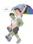  2boys :d antennae arms_up avi_(usernames_avi) bara black_eyes black_hair bright_pupils carrying colored_skin couple flag full_body goatee_stubble green_skin grey_shorts hair_slicked_back happy highres holding holding_flag interracial lgbt_pride looking_ahead looking_at_another looking_back male_focus multiple_boys original pectorals piggyback pointy_ears pride_month rainbow_flag_print shirt shoes short_hair shorts sleeveless sleeveless_shirt smile sneakers socks thick_eyebrows toned toned_male walking white_socks yaoi 