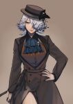  1girl alternate_costume arknights ascot bad_hands black_flower black_nails blue_ascot blue_hair brown_background brown_coat brown_headwear brown_theme coat commentary_request feather_hair flower front_slit grey_hair hair_over_one_eye hand_on_own_hip hat hat_flower hat_ribbon highres koryuu_(gackter10) lipstick looking_to_the_side makeup nail_polish orchid_(arknights) orchid_(twines_of_time)_(arknights) ribbon simple_background solo twitter_username 