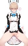  1girl absurdres ass_visible_through_thighs black_gloves blonde_hair blue_archive double_v earpiece female_ejaculation frills gloves halo highres lifted_by_self looking_at_viewer maid maid_headdress no_panties nonflied open_mouth puffy_sleeves pussy short_hair simple_background solo spread_legs sweat toki_(blue_archive) trembling uncensored v white_background 