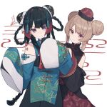  2girls black_hair blue_dress blue_eyes bow braid china_dress chinese_clothes closed_mouth cloud_print commentary detached_sleeves double_bun dress gradient_hair hair_bun hands_up hat highres light_brown_hair long_hair looking_at_viewer multicolored_hair multiple_girls natori_sana nijisanji nkst official_alternate_costume orange_eyes qing_guanmao red_hair sana_channel sleeves_past_fingers sleeves_past_wrists smile symbol-only_commentary tsukino_mito tsukino_mito_(china_dress) twin_braids v-shaped_eyebrows white_background white_bow wide_sleeves 