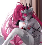  1girl absurdres baobhan_sith_(fate) baobhan_sith_(swimsuit_pretender)_(fate) baobhan_sith_(swimsuit_pretender)_(third_ascension)_(fate) bare_shoulders bikini blush cernunnos_(fate) closed_eyes curtains detached_collar fate/grand_order fate_(series) flower grey_eyes hair_flower hair_ornament highres hug hugging_doll hugging_object indoors knees_up long_hair looking_to_the_side nail_polish obazzotto on_bed pink_hair pointy_ears red_nails side_ponytail sidelocks sitting smile solo stuffed_toy swimsuit thighhighs tiara veil white_bikini white_flower white_thighhighs 