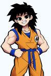  1girl absurdres alternate_muscle_size black_eyes black_hair commentary cosplay dougi dragon_ball dragon_ball_minus dragon_ball_z english_commentary gine grin hands_on_own_hips highres kermittend medium_hair muscular muscular_female smile solo son_goku son_goku_(cosplay) wristband 
