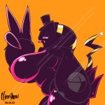  animate_inanimate banette belly big_breasts big_hands black_body blep breasts claws clothing contrast doll female generation_3_pokemon gesture halloween hat headgear headwear hi_res holidays large_paws mega_banette mega_evolution narrikatti nintendo nipples nite_(banette) orange_background pink_body pink_skin plushie pokemon pokemon_(species) simple_background slightly_chubby solo tongue tongue_out top_hat v_sign 