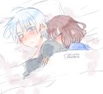  1boy 1girl arle_nadja bed_sheet blue_eyes blush brown_hair closed_eyes hetero madou_monogatari on_bed puyopuyo ri25to schezo_wegey short_hair white_hair 