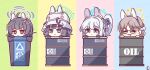  4girls absurdres ahoge animal_ears arrow_(symbol) benizika black_hair blue_archive blue_eyes blush bow brown_hair chibi closed_eyes closed_mouth combat_helmet commentary_request drum_(container) fake_animal_ears glasses gloves grey_hair hair_between_eyes hair_ornament hair_ribbon hairband halo hat helmet highres in_container in_trash_can leaf leaf_on_head light_brown_hair long_hair looking_at_viewer miyako_(blue_archive) miyu_(blue_archive) moe_(blue_archive) multiple_girls one_side_up parted_lips purple_eyes rabbit_ears recycle_bin recycling_symbol ribbon saki_(blue_archive) short_hair simple_background trash_can white_hair white_helmet 