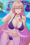  1girl alternate_costume beach bikini blue_sky blush breasts circlet cleavage cloud cowboy_shot curled_horns fire_emblem fire_emblem_heroes goat_horns hair_ornament highres horizon horns jewelry large_breasts large_horns long_hair looking_at_viewer mature_female multicolored_hair navel nerthuz_(fire_emblem) ocean outdoors palm_tree pink_hair purple_eyes purple_hair purple_horns rotomdocs sand sarong see-through_sarong shore sky smile solo swimsuit tree two-tone_hair very_long_hair water 