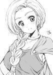  1girl bianca_(dq5) blush braid breasts cape choker collarbone dragon_quest dragon_quest_v earrings hair_over_shoulder highres jewelry kamogawa_tanuki large_breasts monochrome signature simple_background single_braid smile solo upper_body white_background 