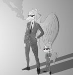  2022 amber_(snoot_game) amber_eyes anthro black_and_white black_tie_(suit) cigarette claws clothing crossed_arms daughter dinosaur duo eyelashes eyewear fang_(gvh) feathered_wings feathers female fingers goodbye_volcano_high hand_on_hip hand_on_own_hip hi_res monochrome mother mother_and_child mother_and_daughter parent parent_and_child pterodactylus pterosaur reptile scalie short_tail snoot_game_(fan_game) snout suit sunglasses tail unknown_artist wings 