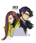 1boy 1girl absurdres apex_legends beanie black_eyes black_hair blue_eyes blue_headwear blue_necktie breasts brown_hair cleavage collared_shirt copyright_name cosplay costume_switch crypto_(apex_legends) crypto_(apex_legends)_(cosplay) expressionless green_jacket grey_shirt hat highres jacket light_smile logo long_hair looking_at_viewer lsr mila_alexander mila_alexander_(cosplay) multicolored_hair necktie parted_lips purple_hair shirt streaked_hair sunglasses white_shirt 