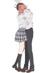  1boy 1girl ahoge black_pants black_socks blush brown_footwear collared_shirt full_body hair_blush hair_bun highres hikigaya_hachiman hug light_(lightpicture33) loafers neck_ribbon open_mouth orange_hair pants plaid plaid_skirt profile red_ribbon ribbon school_uniform shirt shoes short_hair simple_background single_hair_bun single_side_bun skirt sobu_high_school_uniform socks standing steam white_background white_shirt yahari_ore_no_seishun_lovecome_wa_machigatteiru. yuigahama_yui 