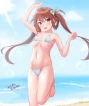 1girl ame-san asagumo_(kancolle) barefoot beach bikini blue_bikini blue_bow blue_sky bow brown_hair cloud dated day feet_out_of_frame flat_chest grey_eyes hair_bow highres horizon kantai_collection long_hair ocean outdoors sky solo standing standing_on_one_leg striped striped_bikini swimsuit twintails twitter_username white_bow 