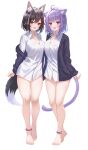  2girls :d absurdres ahoge alternate_hair_length alternate_hairstyle animal_ear_fluff animal_ears anklet barefoot black_hair blue_cardigan blush breast_pocket breasts cardigan cat_ears cat_girl cat_tail cleavage collared_shirt commentary_request cosplay feet heel_up highres hololive jewelry large_breasts legs light_purple_hair long_sleeves looking_at_viewer matching_outfits multicolored_hair multiple_girls nail_polish nekomata_okayu nekomata_okayu_(4th_costume) nekomata_okayu_(cosplay) no_pants ookami_mio open_cardigan open_clothes open_mouth pocket purple_eyes red_hair shirt short_hair simple_background smile standing streaked_hair tail toenail_polish toenails toes togemaru34 virtual_youtuber white_background white_hair white_shirt wolf_ears wolf_girl wolf_tail yellow_eyes 