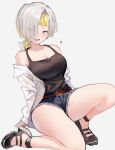  1girl blonde_hair breasts grey_eyes grey_hair highres kromer_(limbus_company) large_breasts limbus_company looking_at_viewer medium_hair migishita mole mole_on_thigh multicolored_hair project_moon simple_background thighs two-tone_hair white_background 