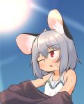  1girl animal_ear_fluff animal_ears blue_sky blush clear_sky commentary_request day flat_chest greenpiecerice grey_hair hair_between_eyes highres hot looking_afar medium_bangs mouse_ears mouse_girl nazrin one_eye_closed open_mouth outdoors red_eyes short_hair sky solo sun sunlight sweat tank_top touhou upper_body white_tank_top 