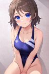  1girl blue_eyes blush breasts brown_eyes cleavage covered_navel highres looking_at_viewer love_live! love_live!_sunshine!! one-piece_swimsuit rabineru short_hair smile solo swimsuit thighs watanabe_you 