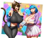  2girls animal_ears bare_shoulders bell black_pants blue_hair blue_jacket blunt_bangs blush borrowed_character breasts brown_hair cardigan cat_ears cat_girl cat_tail character_request character_signature cleavage closed_eyes collar cowboy_shot dress earrings erkaz hairband halterneck hands_up highres holding holding_notebook huge_breasts jacket jewelry medium_hair midriff multiple_girls neck_bell notebook open_mouth original pants print_dress purple_cardigan red_collar rina_atherina shadow star_(symbol) tail white_dress white_hairband 