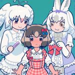  3girls :3 animal_ears bird_wings blue_bow blush bow bowtie brown_eyes brown_hair center_frills collared_shirt comb common_wombat_(kemono_friends) dress embarrassed frilled_dress frilled_sleeves frills fur_collar gloves hair_bow head_wings height_difference highres inada_roku kemono_friends kemono_friends_3 light_brown_hair long_hair long_sleeves multicolored_hair multiple_girls official_alternate_costume orange_eyes plaid plaid_dress pleated_skirt purple_bow purple_dress rabbit_ears rabbit_girl red_bow red_dress red_hair shirt short_hair short_sleeves skirt snowshoe_hare_(kemono_friends) sweatdrop sweater two-tone_hair white_bow white_bowtie white_fur white_gloves white_hair white_peafowl_(kemono_friends) white_skirt white_sweater wings 
