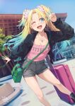  1girl 2023 artist_logo bag black_footwear black_jacket blonde_hair blue_eyes blue_hair blue_sky breasts checkered_shorts flower gradient_hair grey_shorts hair_flower hair_ornament highres hiroki_ree jacket jewelry link!_like!_love_live! long_hair long_sleeves love_live! multicolored_hair necklace one_eye_closed open_clothes open_jacket open_mouth osawa_rurino pink_shirt safety_pin shirt shorts shoulder_bag sky small_breasts smile solo twintails v 