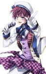 1boy asbel_lhant beret blue_eyes blue_ribbon blush brown_hair gloves hair_between_eyes hat holding holding_microphone idol jacket kirimi_maguro looking_at_viewer microphone official_alternate_costume open_mouth pointing pointing_at_viewer ribbon short_hair smile tales_of_(series) tales_of_graces undershirt vest white_background white_gloves 