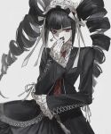  1girl black_hair black_nails bonnet celestia_ludenberg claw_ring danganronpa:_trigger_happy_havoc danganronpa_(series) drill_hair earrings frilled_jacket frills gothic_lolita jacket jewelry layered_skirt lolita_fashion long_hair long_sleeves looking_at_viewer nail_polish necktie print_necktie red_eyes red_necktie santadoumi_(hunt0z) shirt skirt solo twin_drills twintails 