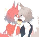  2girls animal_ears arknights ashlock_(arknights) black_tank_top blush cropped_shirt cupcake eye_contact feeding flametail_(arknights) food grey_hair highres holding holding_food long_hair looking_at_another multiple_girls musical_note orange_shirt red_eyes red_hair shirt short_hair short_sleeves simple_background sleeveless sleeveless_shirt smile squirrel_ears squirrel_girl squirrel_tail sweatdrop tail tank_top toto_(t0t00629) white_background yuri 