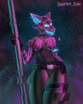  2023 absurd_res anthro big_breasts bottomwear breasts canid canine canis clothed clothing digital_media_(artwork) epic_games female fortnite hi_res mammal neon nipples open_mouth pants scarlet_side simple_background solo 