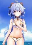  1girl absurdres ahoge alternate_costume artist_name bell bikini blue_hair blue_sky blurry blush breasts cleavage cloud cloudy_sky commentary_request cowboy_shot day depth_of_field ganyu_(genshin_impact) genshin_impact hair_between_eyes hand_on_own_chest highres horizon horns long_hair looking_at_viewer medium_breasts navel neck_bell ocean outdoors poko_(user_rjdg5478) purple_eyes sidelocks signature sky sleeveless solo standing stomach swimsuit thighs white_bikini 