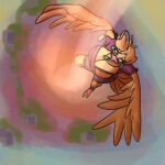  anthro avian background_shot beak big_breasts bird bottomwear breasts clothed clothing digital_media_(artwork) feathered_wings feathers female flying hair hi_res huge_breasts humanoid jewelry marshbreeze necklace outside shirt shorts sky solo spread_wings tail_feathers topwear wings 