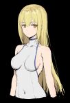  1girl aiz_wallenstein bare_shoulders black_background blonde_hair breasts closed_mouth covered_navel cropped_torso dress dungeon_ni_deai_wo_motomeru_no_wa_machigatteiru_darou_ka expressionless haoni highres long_hair looking_at_viewer medium_breasts sideboob simple_background skin_tight solo straight_hair very_long_hair white_dress yellow_eyes 