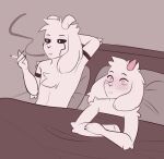  after_sex anthro asriel_dreemurr_(god_form) bed blush blush_lines bovid caprine deltarune duo fiamourr fluffy fur furniture girly goat hi_res horn lying male male/male mammal meme on_back open_mouth pillow ralsei smoking undertale undertale_(series) white_body white_fur 