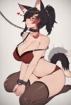  1girl animal_ear_fluff animal_ears black_collar black_hair blush breasts collar cuffs hair_between_eyes hair_ornament handcuffs highres hololive large_breasts leash multicolored_hair ookami_mio red_hair simple_background smile solo streaked_hair tail tail_wagging variant_set varniskarnis virtual_youtuber wolf_ears wolf_girl wolf_tail 