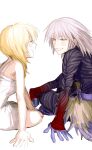  1boy 1girl blonde_hair blue_eyes closed_eyes dress gloves grey_hair highres kingdom_hearts kingdom_hearts_ii light_blush looking_at_another namine nishinsobha open_mouth riku_(kingdom_hearts) riku_replica sitting smile sundress white_background white_dress 