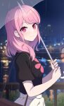  1girl absurdres bang_dream! black_shirt blurry blush bokeh breasts brown_bag depth_of_field highres holding holding_umbrella jihi lake looking_at_viewer looking_to_the_side maruyama_aya night night_sky outdoors pink_hair railing red_eyes shirt skirt sky small_breasts smile solo transparent transparent_umbrella umbrella white_skirt 