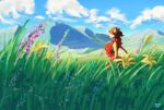  absurd_res anthro blue_sky brown_body brown_fur brown_hair calm clear_sky clothed clothing cloud dress eyes_closed felid female fields flower flower_field fur grass hair hi_res humanoid light machairodontine mammal mountain plant red_clothing relaxing sky solo sundress sunlight sunny umbraunderscore white_body white_fur wind 